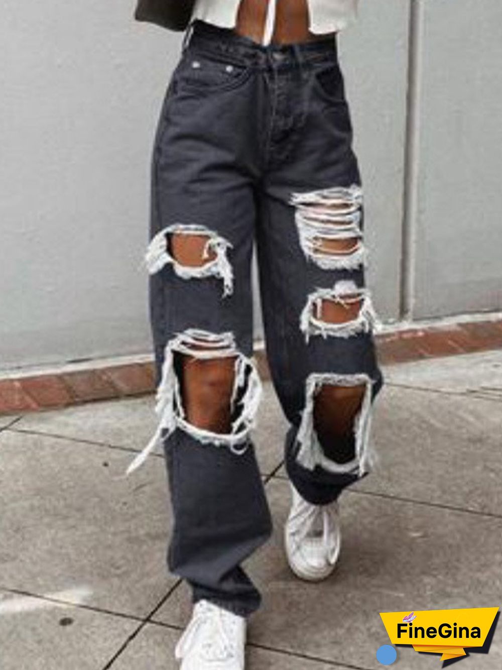 Statement Ripped Solid Pockets Plus Size Casual Denim Jeans