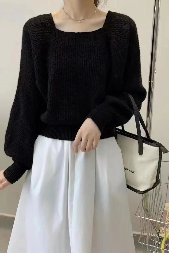 Ueong New Style Square Collar Bubble Lantern Sleeve Blouse Short Style Loose Knitted Sweater Woman