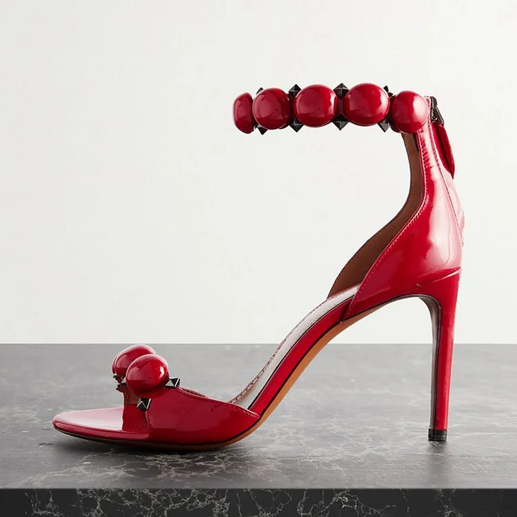 Red Stiletto Patent Heels Elegant Ankle Strap Sandal Office Shoes |FSJ Shoes