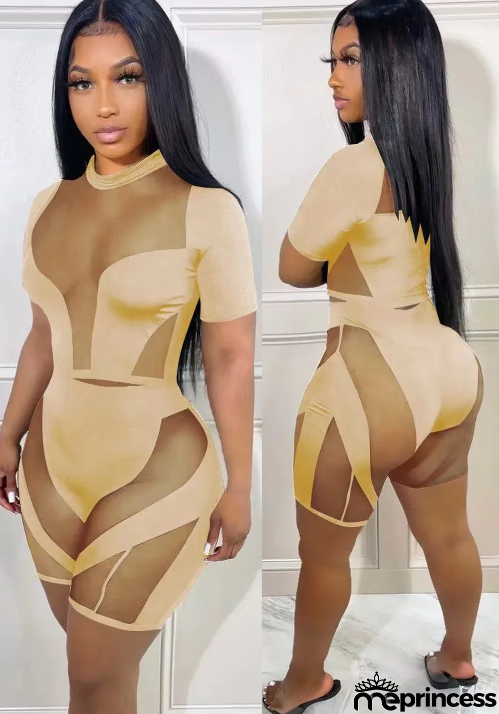 Women Summer Khaki Modest Turtleneck Short Sleeves High Waist Patchwork Mesh Skinny Two Piece Shorts Set