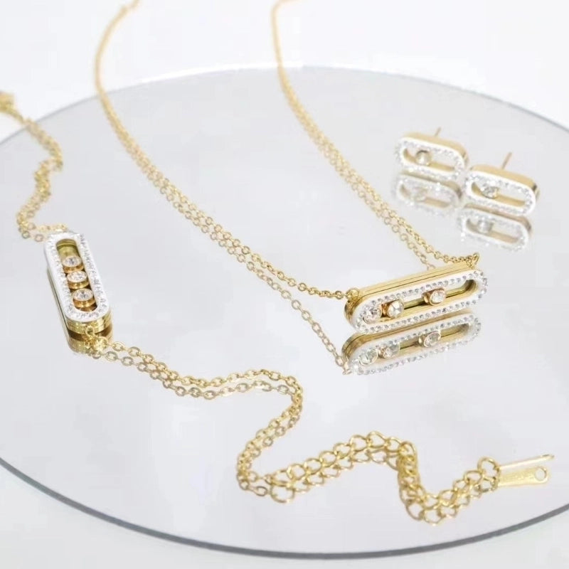 Minimalist Classic Style Solid Color Titanium Steel Zircon Inlay Jewelry Set