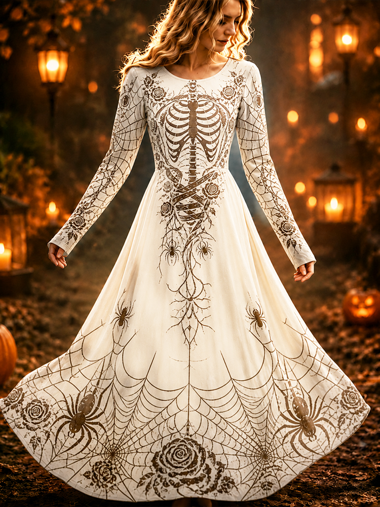 Women's Halloween Long-sleeve Maxi Dress - White Skeleton, Spiderweb & Rose Print artswardrobe