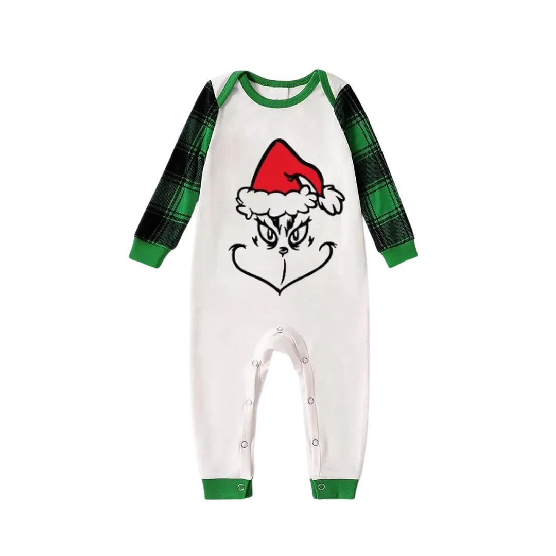 Christmas Cartoon Face Print Long Sleeve Top With Green & Black Plaid Family Matching Pajamas