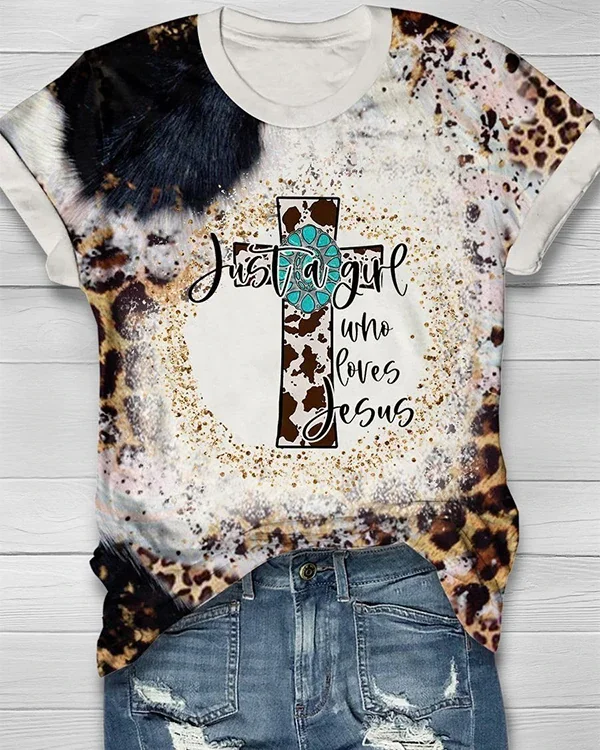 Just A Girl Who Loves Jesus Cross Turquoise Cowhide Boots Western Print Short Sleeve T-shirt