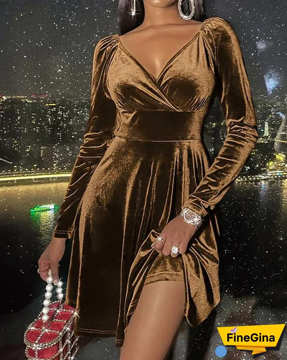 V Neck Velvet Dinner Dress