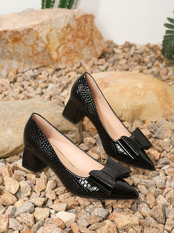 Shiny Pointed-Toe Bowknot Pumps BLACK-41
