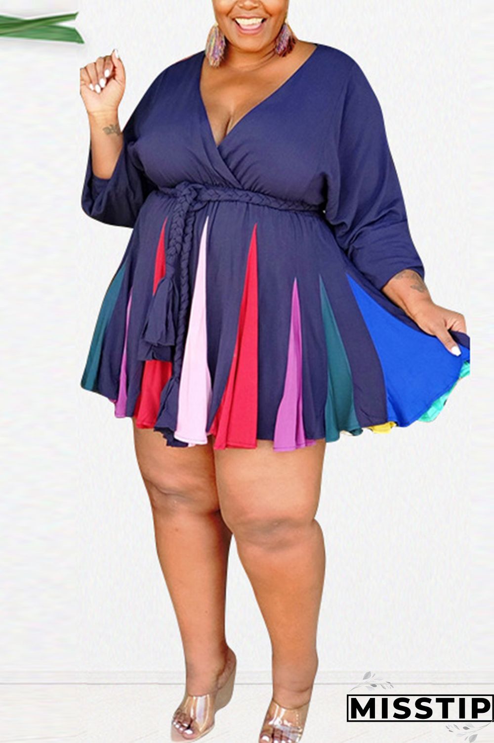 Orange Sexy Print With Belt V Neck A Line Plus Size