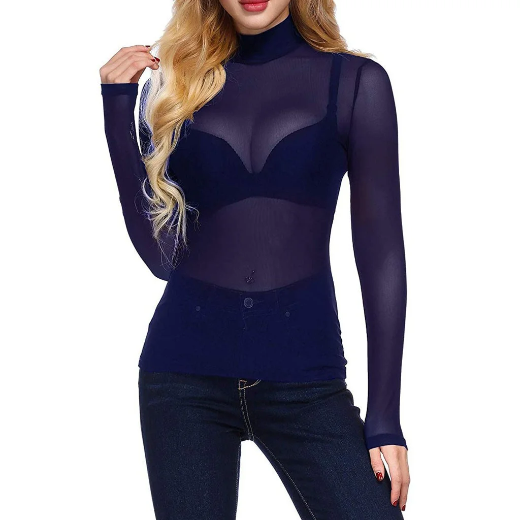 Brownm Brownm Elastic Tight Perspective Sexy Mesh Bottom Shirt Transparent Long Sleeve T-Shirt Women's Lace Shirt