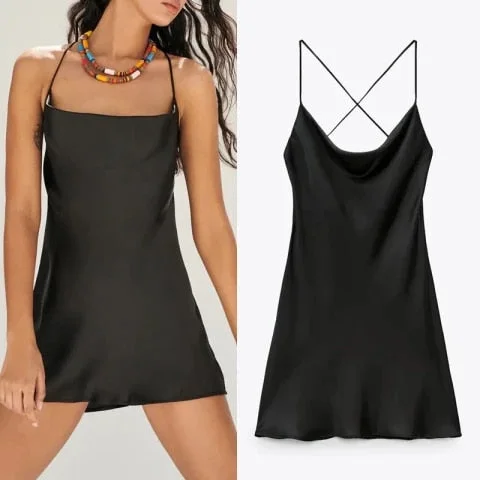 TRAF Za 2021 Black Dress Woman Satin Slip White Mini Summer Dress Women Strap Backless Short Sexy Dresses Club Night Dresses - Khalesexx