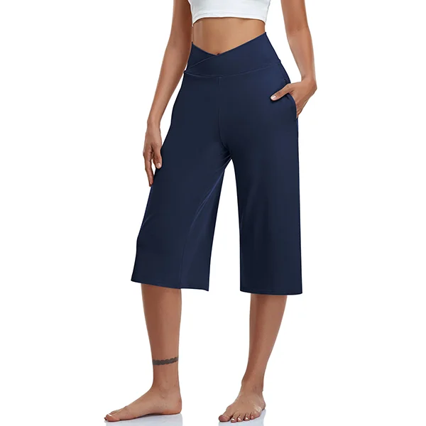 Crossover High Waisted Back Pocket Wide Leg Capri Yoga Pants