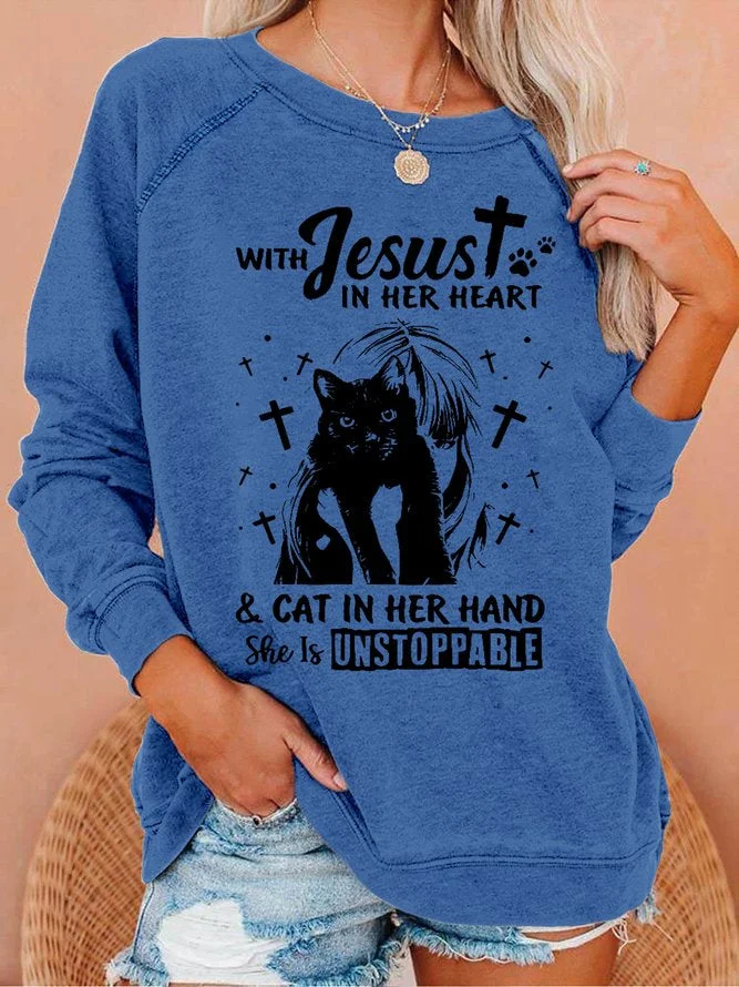 Women's With Jesus In Her Heart Cat In Her Hand & She Is Unstoppable Neck Loose Sweatshirt