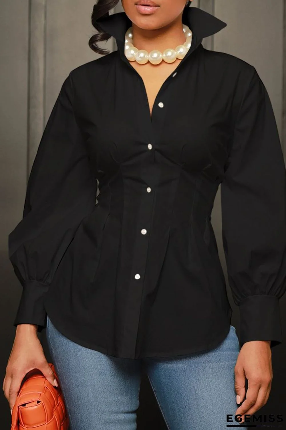 Black Sexy Casual Solid Solid Color Shirt Collar Tops | EGEMISS