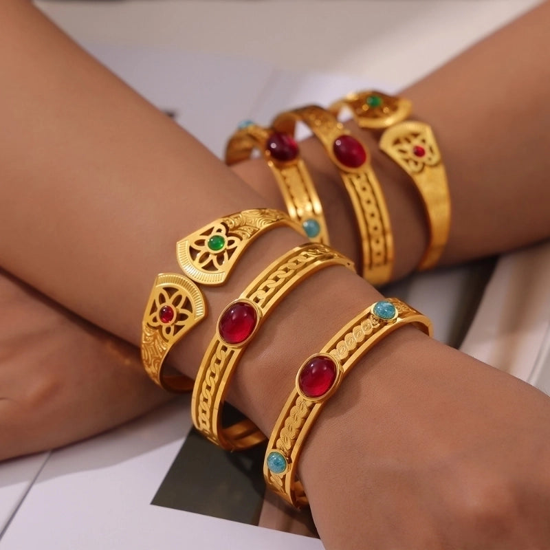 Retro Minimalist Round 304 Stainless Steel 18K Gold Plated Natural Stone Bangle In Bulk