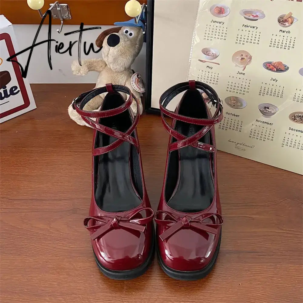 Red Mary Jane Women Pumps Thick High Heels Shoes Female Lolita Square Toe Shoes Spring Fashion Party Leather Woman Shoes New Aiertu
