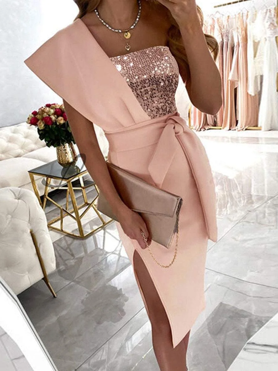 Pink Single Shoulder Design Sequin Split Slim Split Gown