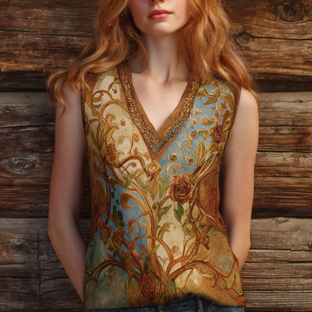 Comstylish Bohemian Three-dimensional Bronzing Western-style Flower Embroidery Pattern Vintage V-neck Sleeveless Top
