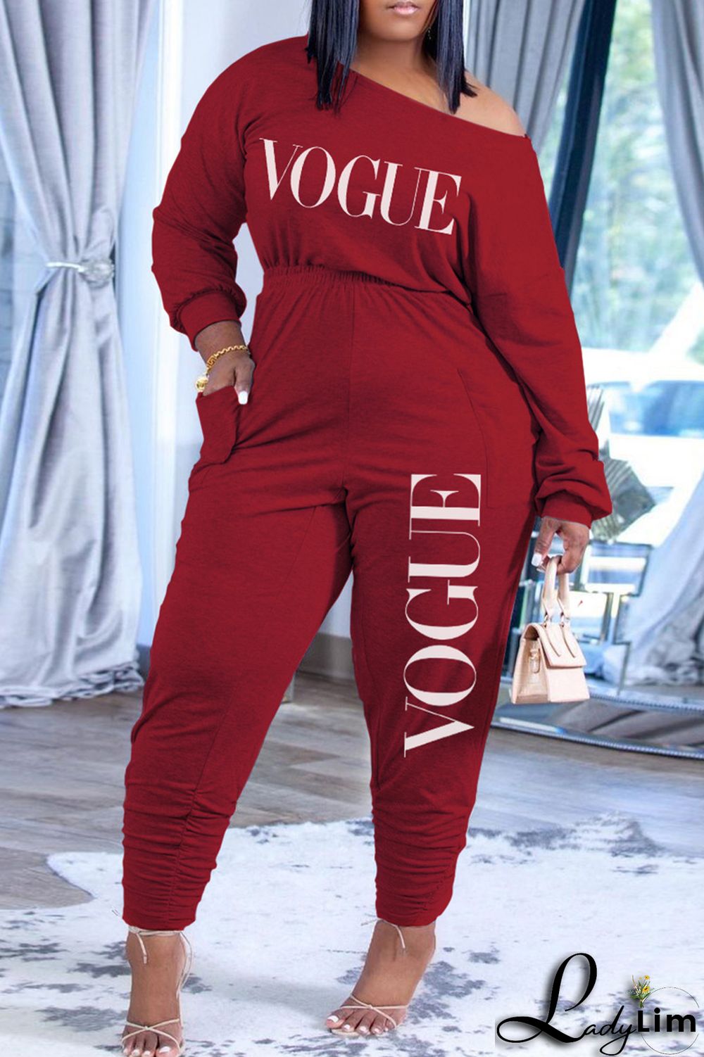 Pink Fashion Casual Letter Print Fold Oblique Collar Regular Jumpsuits