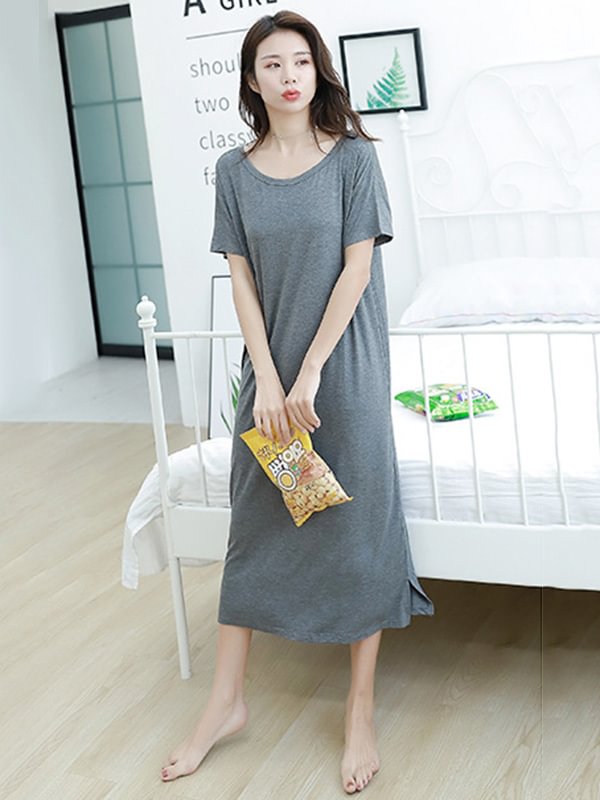 Solid Color Short Sleeve Back Hollow Loose Pajamas Dress