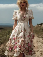 Bohemian Style Plant Flower And Butterfly Pattern Embroidery Women's Cotton And Linen Dress