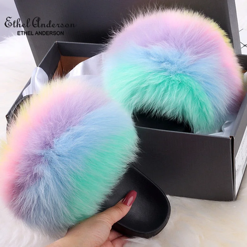 ETHEL ANERSON Real Fox Raccoon Fur Slippers for Women Fur Slides Flip Flops Beach Plush Fluffy Furry Designer Slippers Sandal