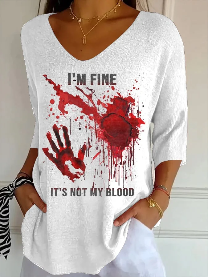 Women's blood-printed pit strip fabric casual V-neck T-shirt