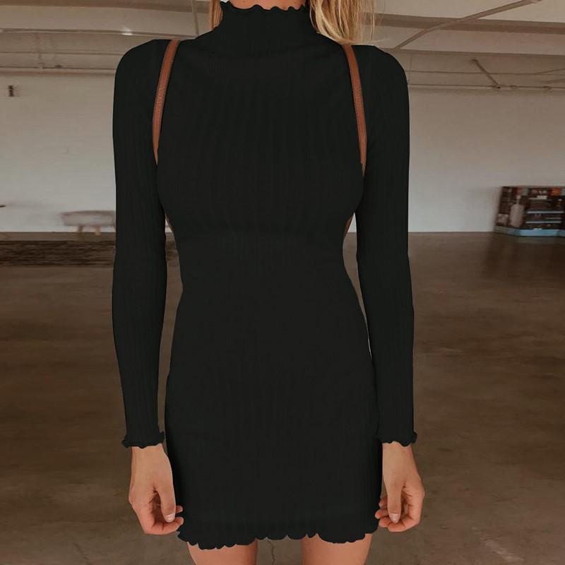 Fashion High Collar Sexy Long Sleeve Knitted Sweater Mini Bodycon Dress