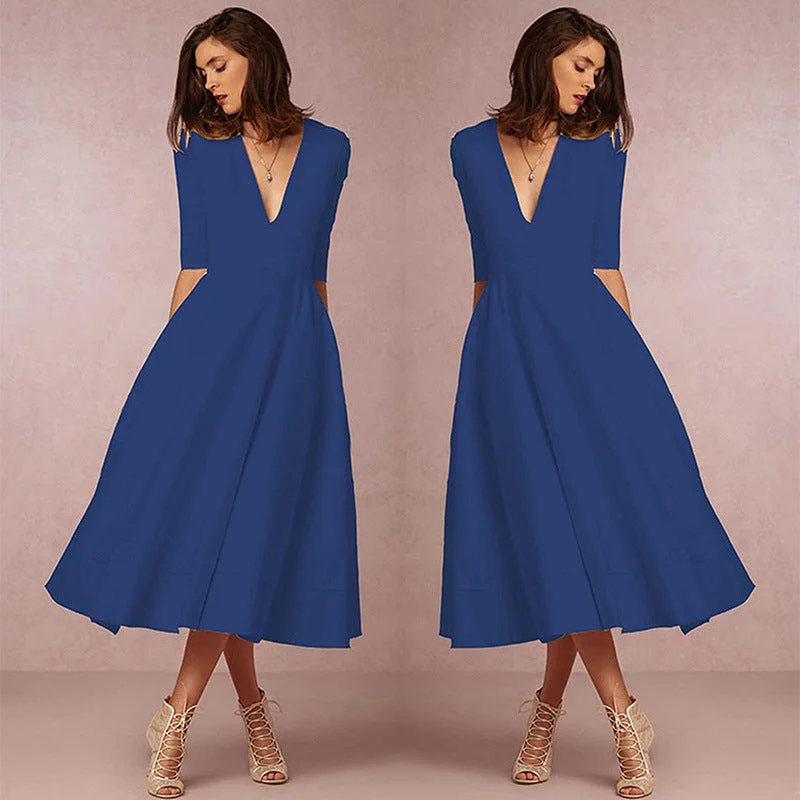 Gathered Half Sleeve A-Line Cocktail Midi Dress