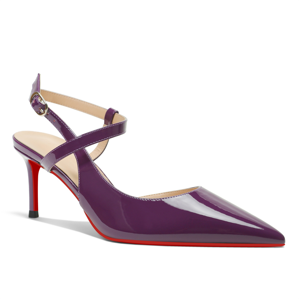 65mm Women Slingback Red Bottom Pumps Ankle Buckle Jenlove Stiletto Mid Heel Close Pointed Toe Dress Red Soles Sandals Shoes-MERUMOTE