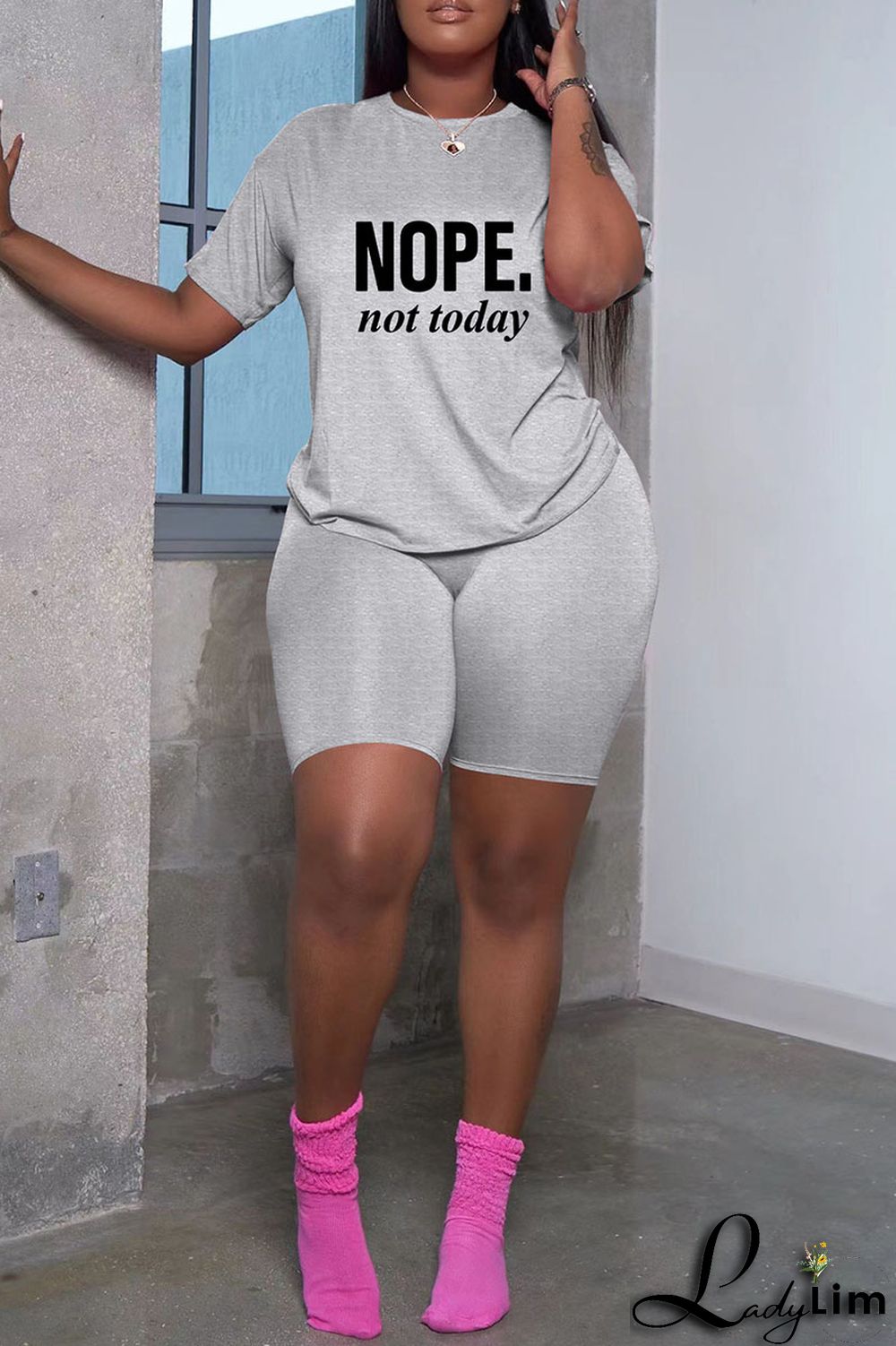Grey Fashion Casual Letter Print Basic O Neck Short Sleeve Two Pieces