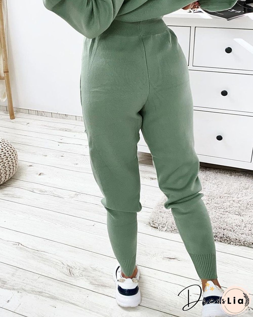 Plain Long Sleeve Top & Drawstring Pants Set
