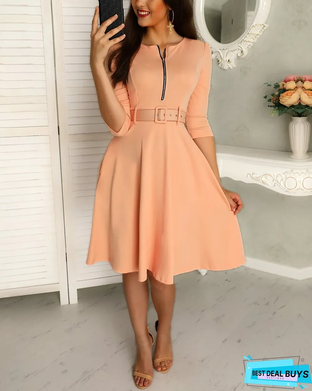 Solid Zipper Up Belted Pleated Casual Dress