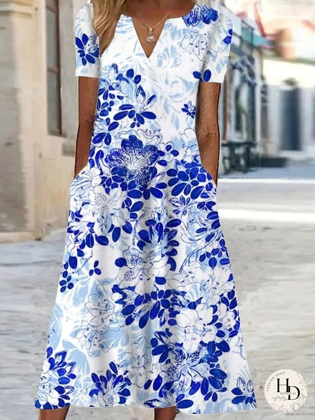 Casual Dress Shift Dress Swing Dress Floral Pocket Print V Neck Midi Dress Active Fashion Outdoor Vacation Short Sleeve Regular Fit White Royal Blue Blue Spring Summer S M L XL XXL for Women