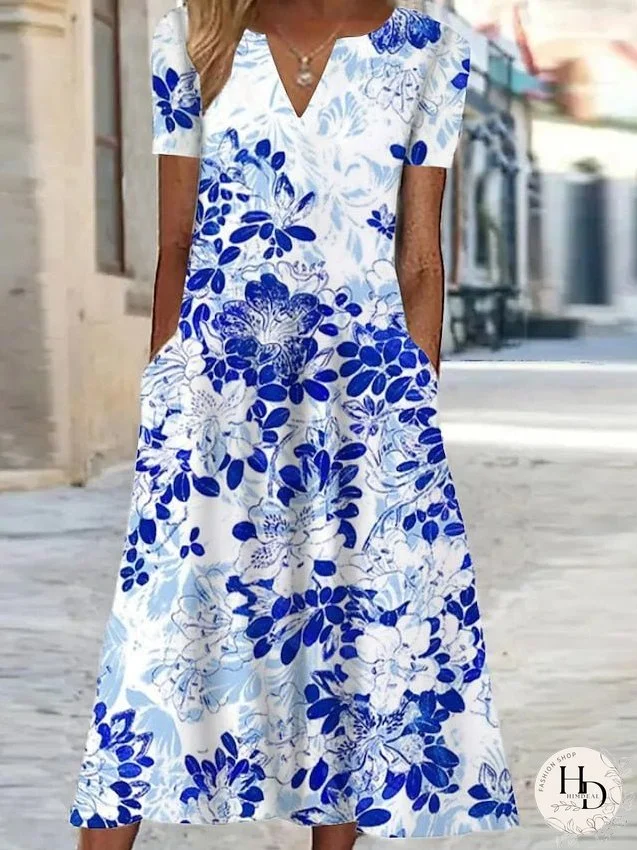 Casual Dress Shift Dress Swing Dress Floral Pocket Print V Neck Midi Dress Active Fashion Outdoor Vacation Short Sleeve Regular Fit White Royal Blue Blue Spring Summer S M L XL XXL for Women