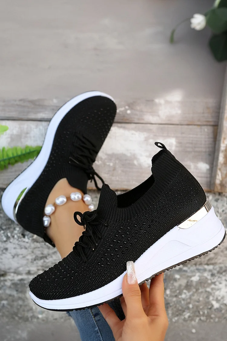 Solid Color Hot Drilling Decor Round Toe Lace Up Wedge Sneakers
