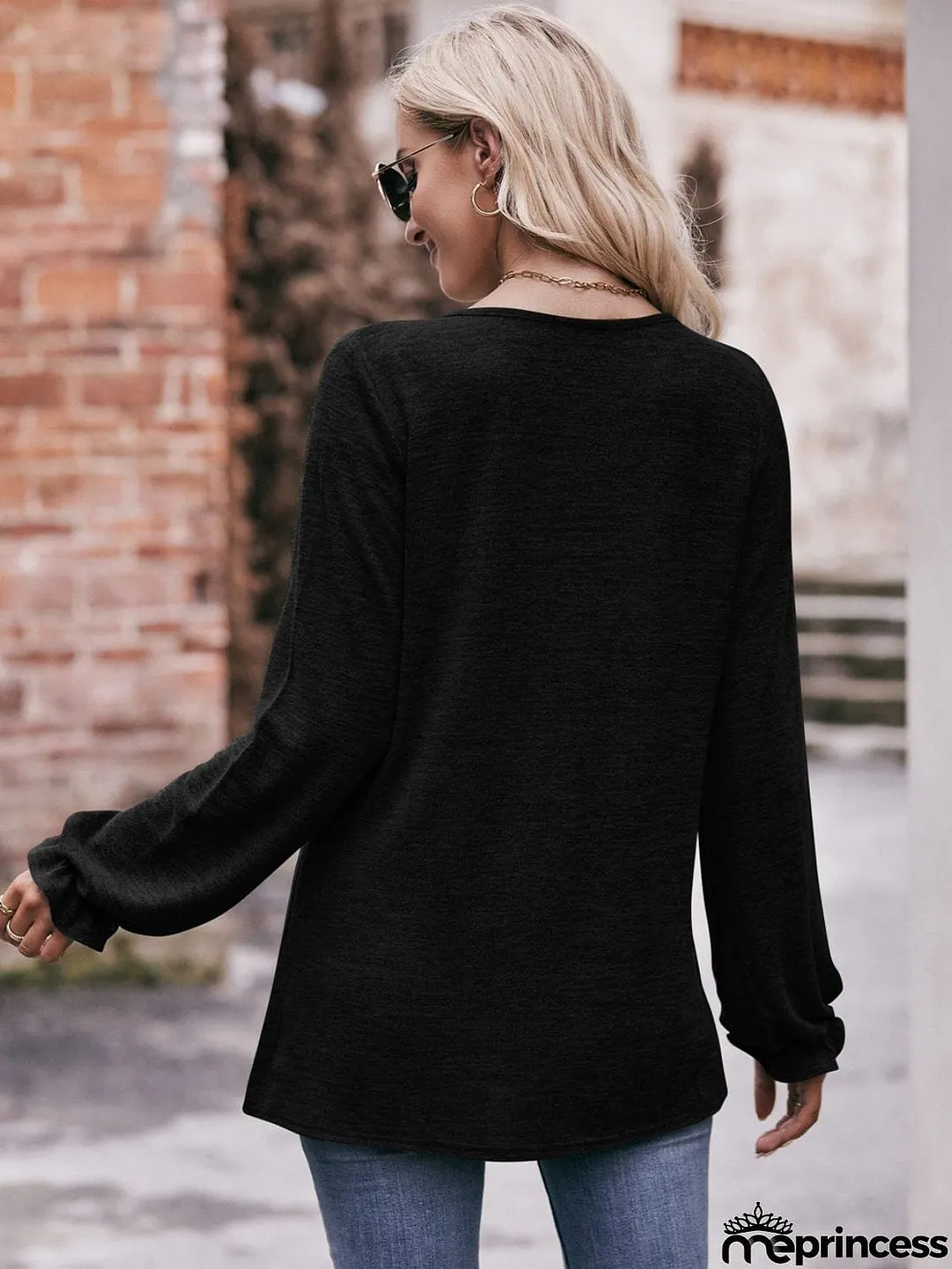 Long Flounce Sleeve Round Neck Blouse