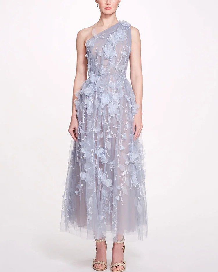 Wisterial Tendrils Appliquéd-Tulle Midi Dress