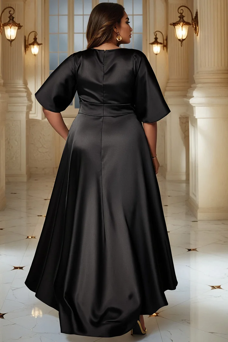 Xpluswear Design Plus Size Formal Black Round Neck Puff Sleeve Short Sleeve Split Satin Maxi Dresses