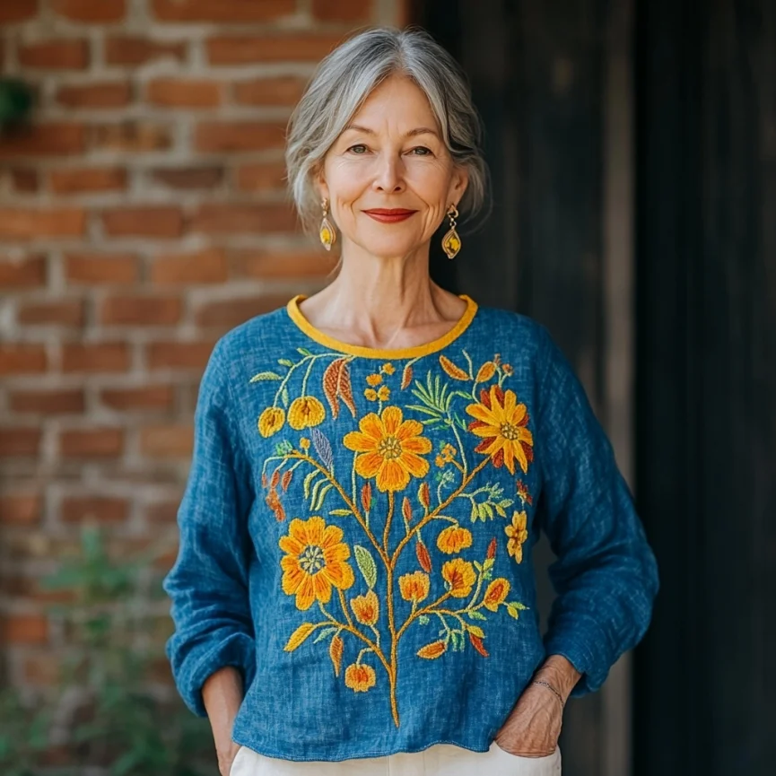 Ukrainian Flower Embroidered Round Neck Linen Blend T-shirt