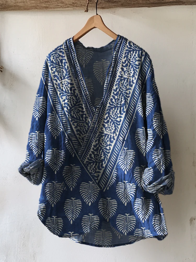 Indigo Leaves Ethnic Block Print Beach Linen Tunic