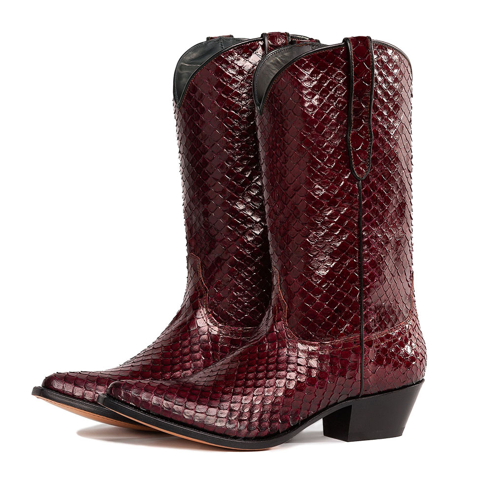 Maroon Snip Toe Python Embossed Chunky Heel Mid-Calf Cowgirl Boots Nicepairs