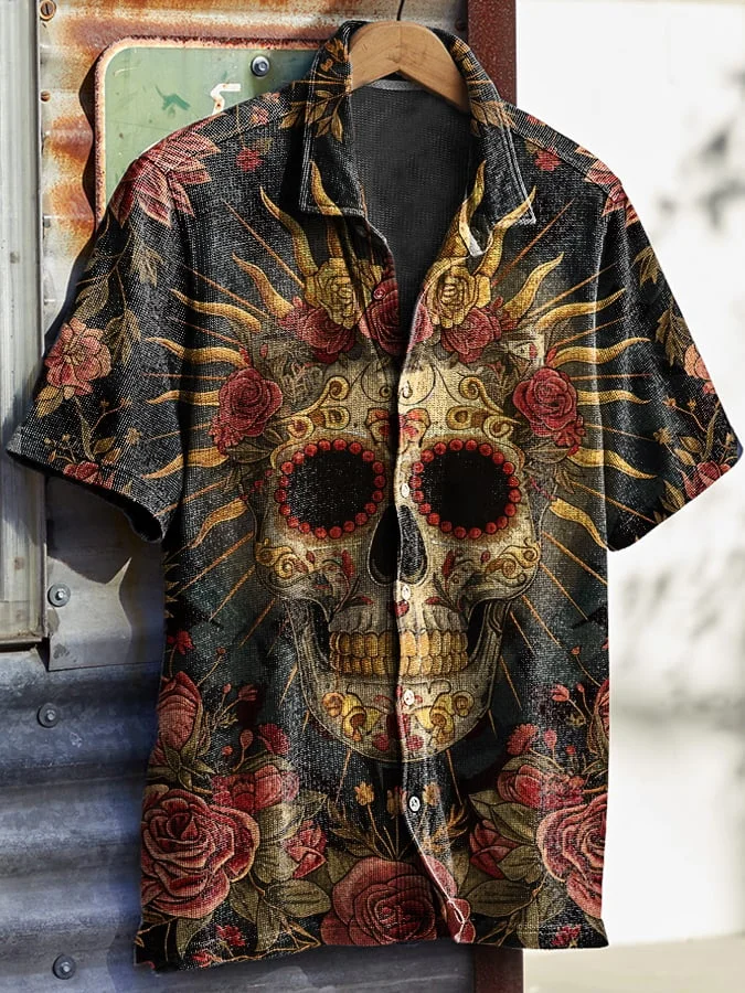 Men's Vintage Western Skull Floral Print Waffle Shirt socialshop