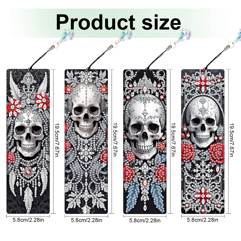 8Pcs DIY Skull Diamond Painting Art Bookmarks with Crystal Pendants for Gift