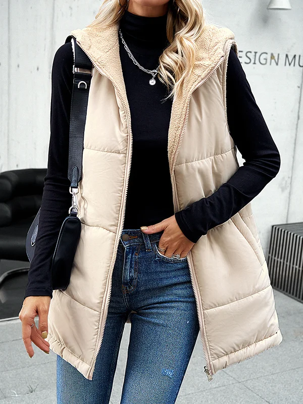 Loose Sleeveless Pockets Quilted Reversible Zipper Hooded Padded Vest Vest Outerwear