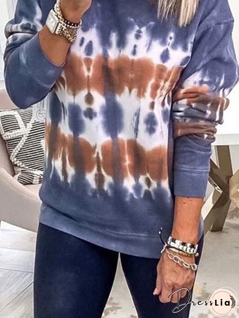 Women Casual Autumn Tie-Dye Pattern Daily Loose Crew Neck Regular H-Line Regular Sweatshirts