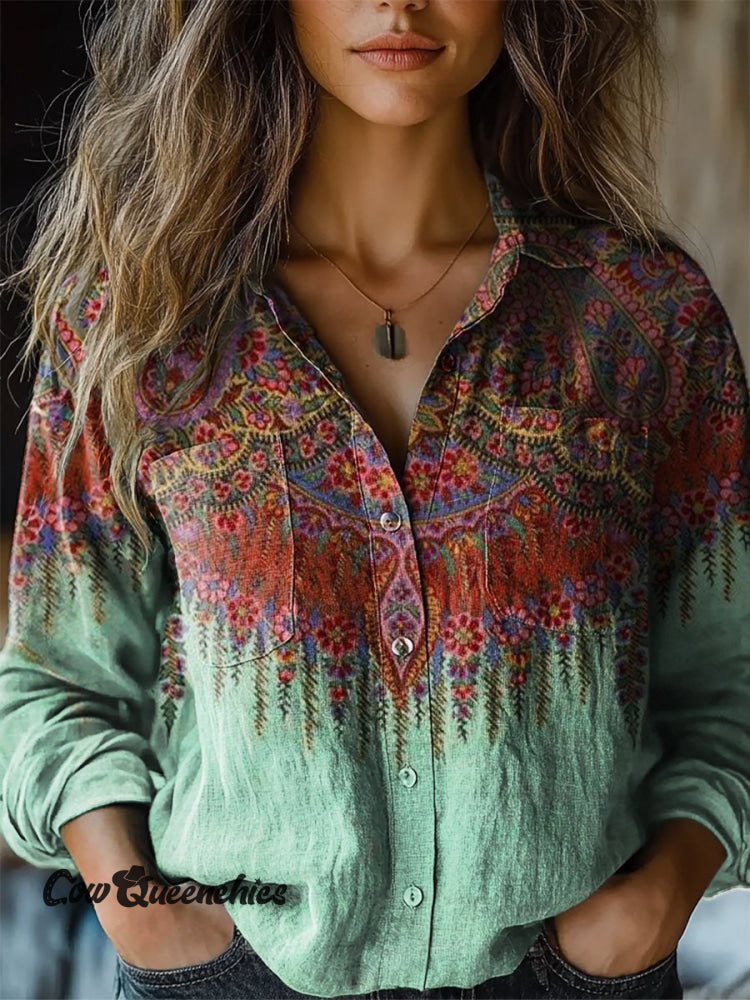 Women’s Vintage Ethnic Flower Print Casual Long Sleeve Comfortable Cotton Shirt Multicolor / S