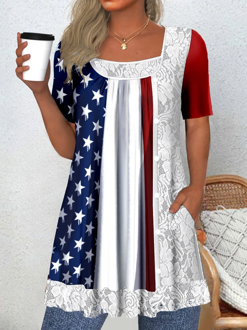 Women's Short Sleeve Scoop Neck Graphic Star Printed Lace Tops