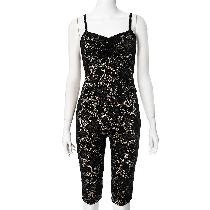 Uveng Uveng Women's Spring And Summer Sling Lace Creasant Creasant Clenched Waist Tight Five-Pants Set