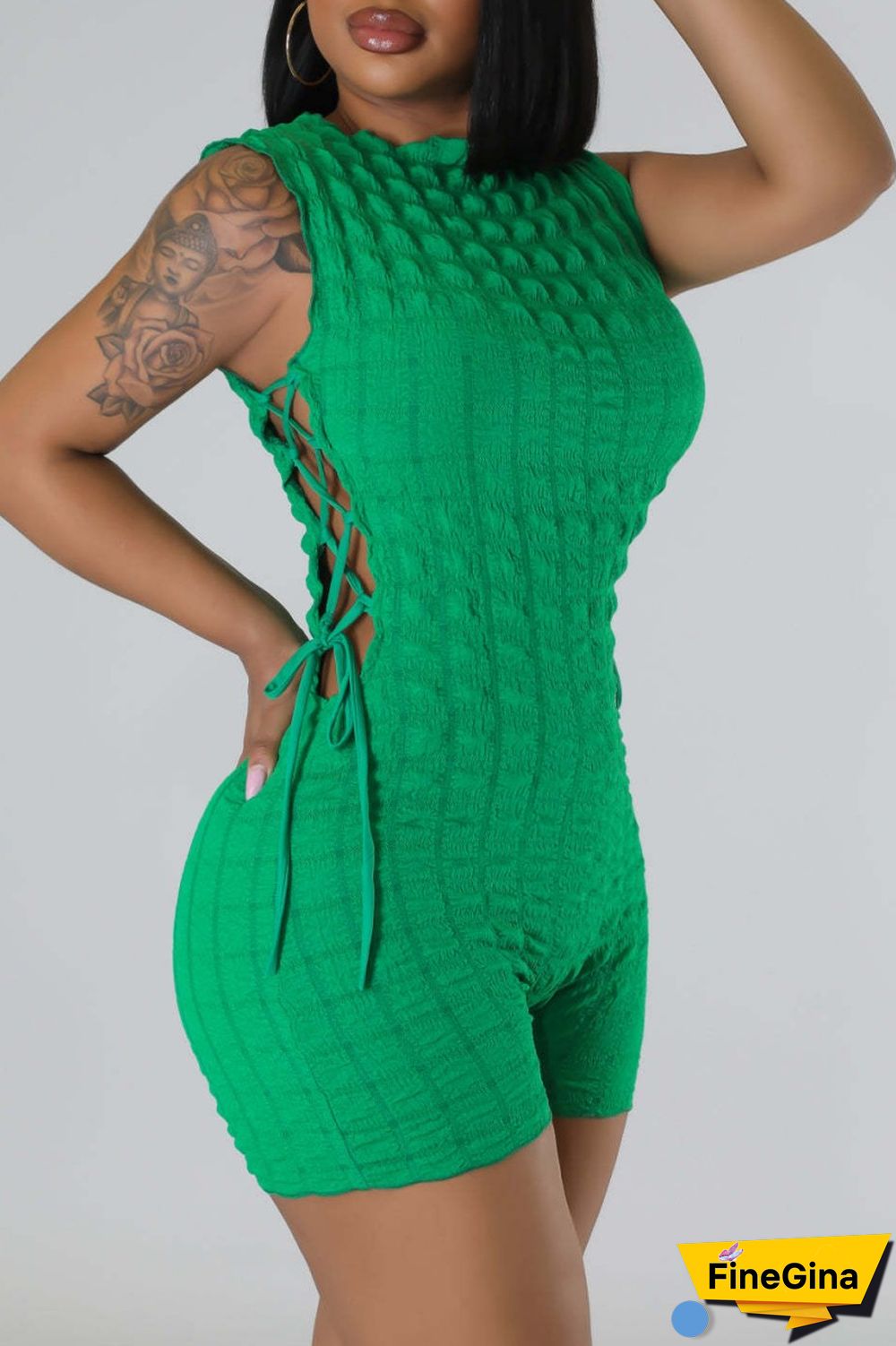 Green Casual Solid Bandage O Neck Skinny Romper