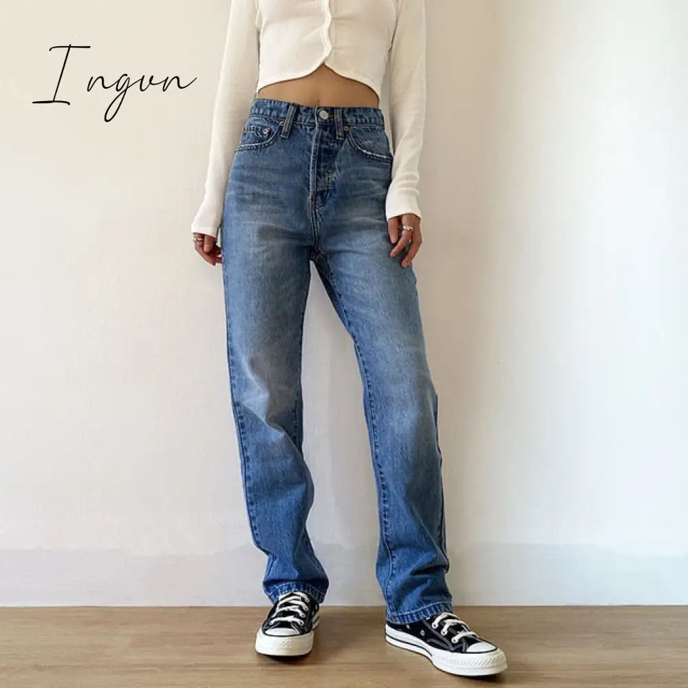 Ingvn - Jsvery Women’s Jeans Baggy For Women Mom High Waist Blue Loose Washed Fashion Straight