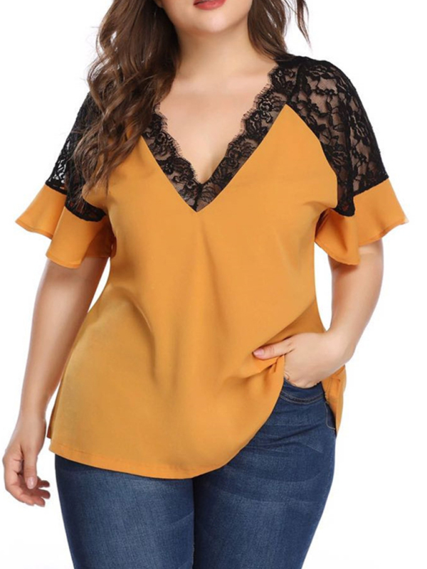 Mature Women New Plus SIze V-neck Short-sleeved Stitching Lace Solid Color Top